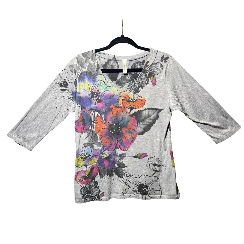 California Bloom Artsy Floral Graphic Top Stud Detail 3/4‎ Sleeve Gray Size L